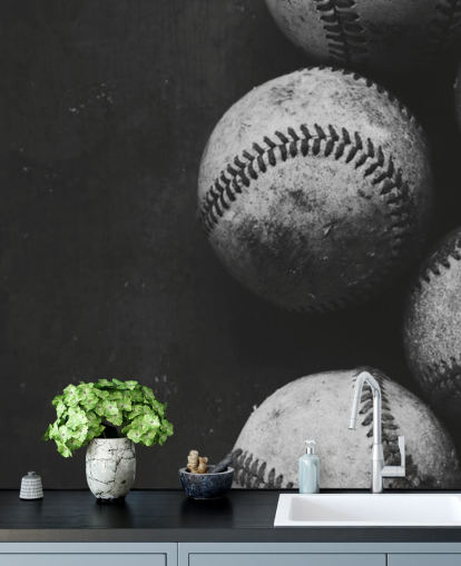 mural de papel pintado de béisbol en blanco y negro llamado Pelotas de béisbol en blanco y negro para dormitorios, cuevas de hombres y escuelas