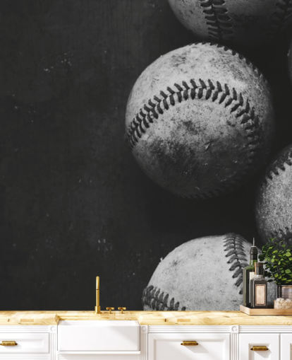 zwart-witte honkbalbehangmuurschildering genaamd Black and White Baseballs voor slaapkamers, mangrotten en scholen