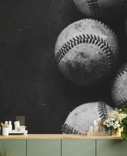 black and white baseball wallpaper mural called Black and White Baseballs for bedrooms, man caves and schools