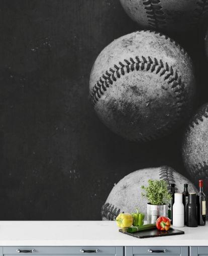 black and white baseball wallpaper mural called Black and White Baseballs for bedrooms, man caves and schools