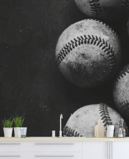 black and white baseball wallpaper mural called Black and White Baseballs for bedrooms, man caves and schools