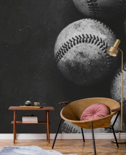 carta da parati murale in bianco e nero con baseball chiamato Black and White Baseballs per camere da letto, grotte maschili e scuole