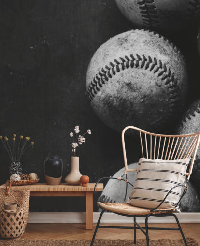 black and white baseball wallpaper mural called Black and White Baseballs for bedrooms, man caves and schools