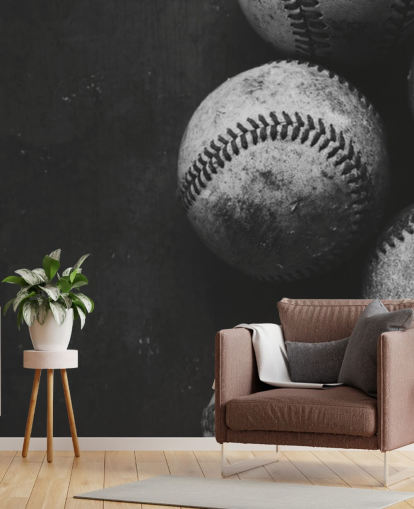 mural de papel pintado de béisbol en blanco y negro llamado Pelotas de béisbol en blanco y negro para dormitorios, cuevas de hombres y escuelas