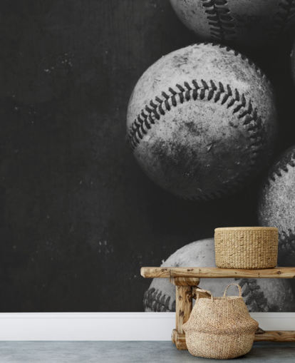 black and white baseball wallpaper mural called Black and White Baseballs for bedrooms, man caves and schools