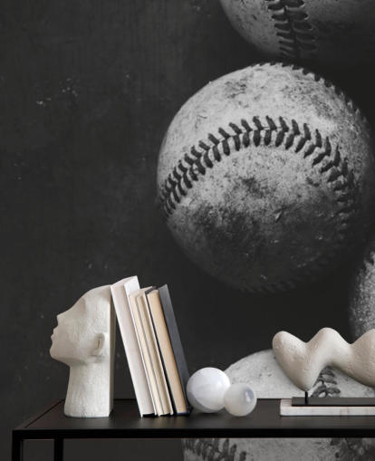black and white baseball wallpaper mural called Black and White Baseballs for bedrooms, man caves and schools