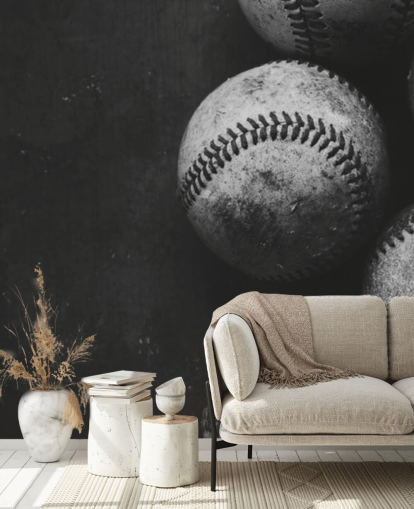 black and white baseball wallpaper mural called Black and White Baseballs for bedrooms, man caves and schools