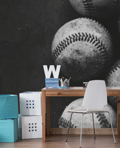 black and white baseball wallpaper mural called Black and White Baseballs for bedrooms, man caves and schools black and white baseball wallpaper mural called Black and White Baseballs for bedrooms, man caves and schools