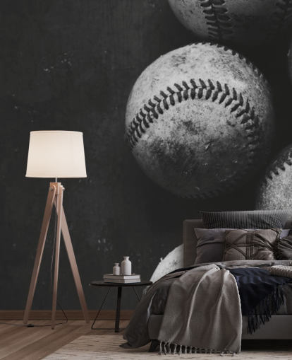 svart og hvitt baseball tapet veggmaleri kalt Black and White Baseballs for soverom, mannshuler og skoler svart og hvitt baseball tapet veggmaleri kalt Black and White Baseballs for soverom, mannshuler og skoler