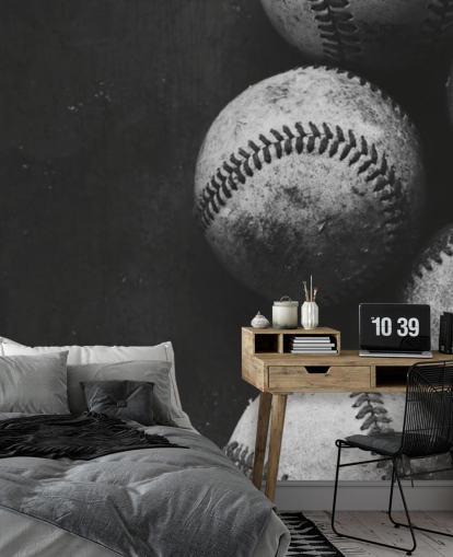 mural de papel de parede de beisebol preto e branco chamado Black and White Baseballs para quartos, cavernas masculinas e escolas mural de papel de parede de beisebol preto e branco chamado Black and White Baseballs para quartos, cavernas masculinas e escolas