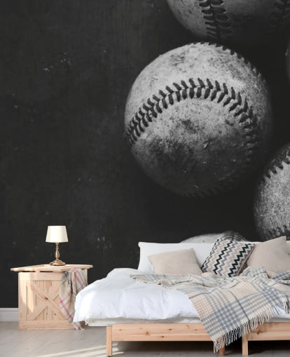 black and white baseball wallpaper mural called Black and White Baseballs for bedrooms, man caves and schools