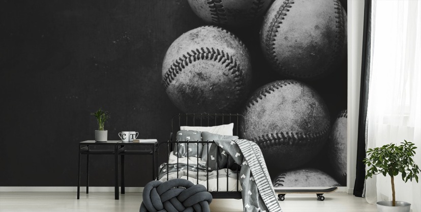 black and white baseball wallpaper mural called Black and White Baseballs for bedrooms, man caves and schools