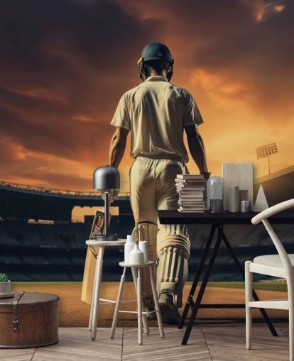 mural de papel pintado de críquet llamado Heading Out to Bat para negocios y dormitorios infantiles