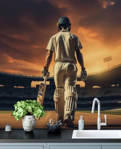 papier peint mural de cricket appelé Heading Out to Bat pour les entreprises et les chambres d'enfants