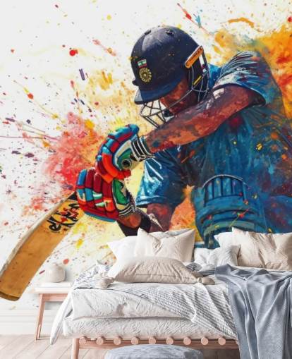 fresque murale de cricket à l'aquarelle appelée Cricket Action Shot pour les chambres d'enfants et les entreprises fresque murale de cricket à l'aquarelle appelée Cricket Action Shot pour les chambres d'enfants et les entreprises