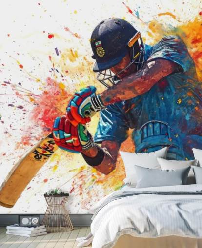 mural de pared de grillo en acuarela llamado Cricket Action Shot para dormitorios y negocios de niños