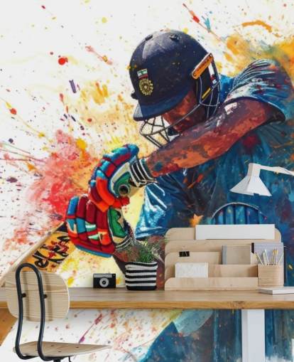watercolor cricket wall mural called Cricket Action Shot for children's bedrooms and businesses watercolor cricket wall mural called Cricket Action Shot for children's bedrooms and businesses