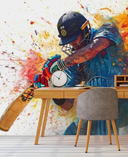 mural de pared de grillo en acuarela llamado Cricket Action Shot para dormitorios y negocios de niños