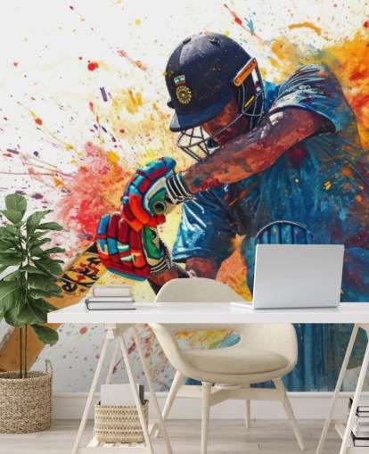 murale ad acquerello con cricket chiamato Cricket Action Shot per camerette per bambini e aziende