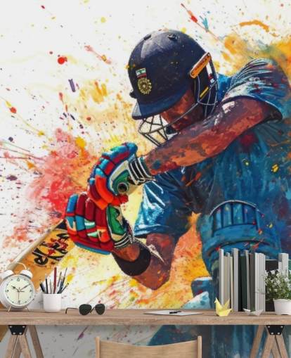 mural de pared de grillo en acuarela llamado Cricket Action Shot para dormitorios y negocios de niños