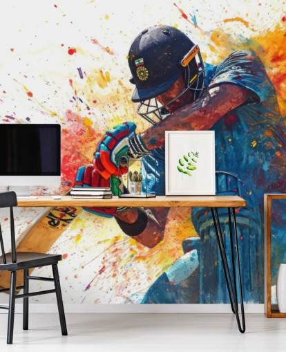 watercolour cricket wall mural called Cricket Action Shot for children's bedrooms and businesses