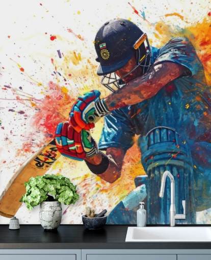mural de parede de críquete em aquarela chamado Cricket Action Shot para quartos e empresas infantis