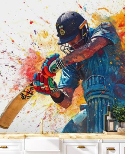 watercolour cricket wall mural called Cricket Action Shot for children's bedrooms and businesses