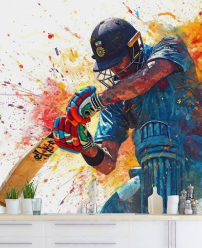 fresque murale de cricket à l'aquarelle appelée Cricket Action Shot pour les chambres d'enfants et les entreprises
