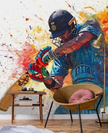 mural de parede de críquete em aquarela chamado Cricket Action Shot para quartos e empresas infantis