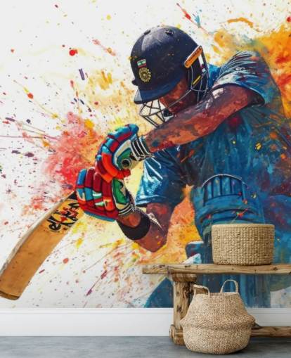 murale ad acquerello con cricket chiamato Cricket Action Shot per camerette per bambini e aziende