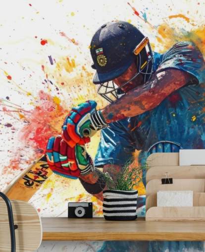 vesivärikriketti-seinämaalaus nimeltä Cricket Action Shot lasten makuuhuoneisiin ja yrityksiin