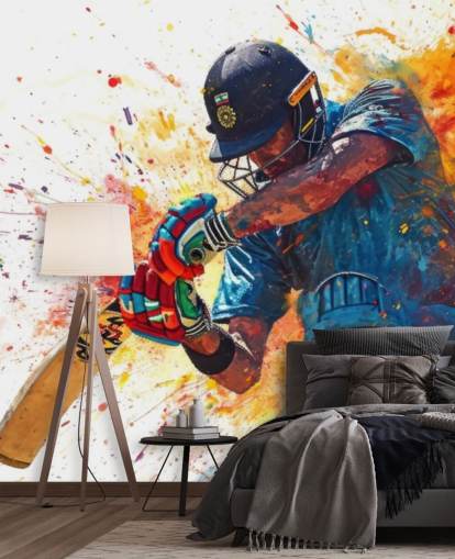 fresque murale de cricket à l'aquarelle appelée Cricket Action Shot pour les chambres d'enfants et les entreprises fresque murale de cricket à l'aquarelle appelée Cricket Action Shot pour les chambres d'enfants et les entreprises