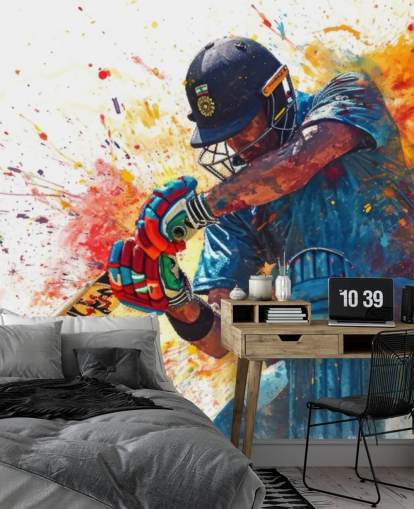 mural de parede de críquete em aquarela chamado Cricket Action Shot para quartos e empresas infantis
