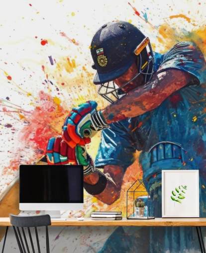 fresque murale de cricket à l'aquarelle appelée Cricket Action Shot pour les chambres d'enfants et les entreprises fresque murale de cricket à l'aquarelle appelée Cricket Action Shot pour les chambres d'enfants et les entreprises