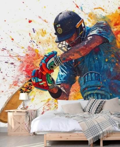 mural de pared de grillo en acuarela llamado Cricket Action Shot para dormitorios y negocios de niños