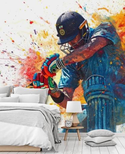 akvarel cricket vægmaleri kaldet Cricket Action Shot til børns soveværelser og virksomheder