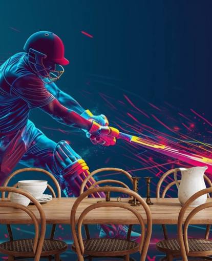 rosafarbenes und blaues Cricket-Wandbild namens Neon Cricket für Kinderzimmer