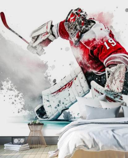 red and white hockey wallpaper called Hockey Goalie for bedrooms and hockey clubs