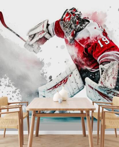 rood-wit hockeybehang genaamd Hockey Goalie voor slaapkamers en hockeyclubs rood-wit hockeybehang genaamd Hockey Goalie voor slaapkamers en hockeyclubs