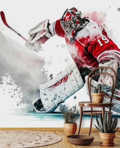 papel pintado de hockey rojo y blanco llamado Hockey Goalie para dormitorios y clubes de hockey