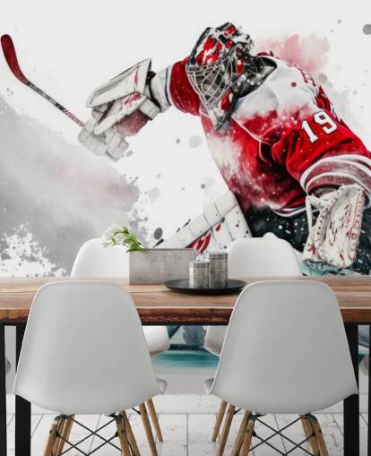 carta da parati da hockey rossa e bianca chiamata Hockey Goalie per camere da letto e club di hockey carta da parati da hockey rossa e bianca chiamata Hockey Goalie per camere da letto e club di hockey