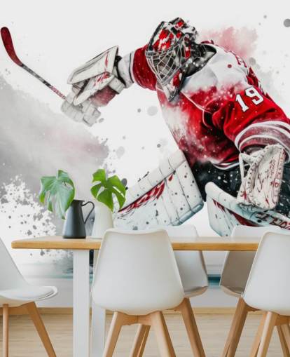 papel pintado de hockey rojo y blanco llamado Hockey Goalie para dormitorios y clubes de hockey