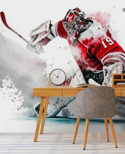 carta da parati da hockey rossa e bianca chiamata Hockey Goalie per camere da letto e club di hockey