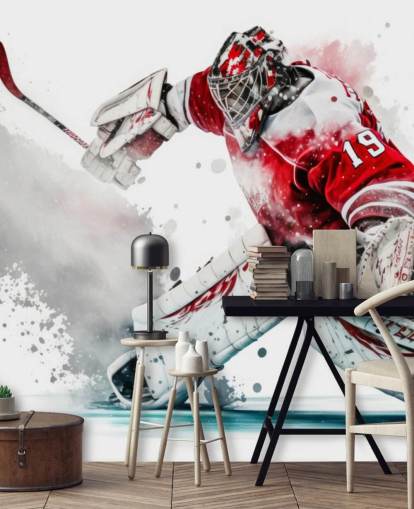 red and white hockey wallpaper called Hockey Goalie for bedrooms and hockey clubs