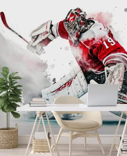 red and white hockey wallpaper called Hockey Goalie for bedrooms and hockey clubs