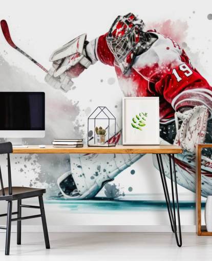 red and white hockey wallpaper called Hockey Goalie for bedrooms and hockey clubs