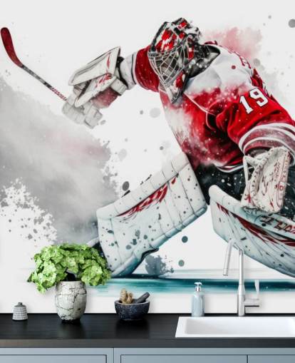 red and white hockey wallpaper called Hockey Goalie for bedrooms and hockey clubs