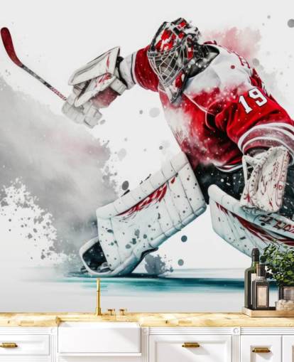 red and white hockey wallpaper called Hockey Goalie for bedrooms and hockey clubs