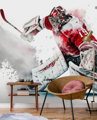 red and white hockey wallpaper called Hockey Goalie for bedrooms and hockey clubs