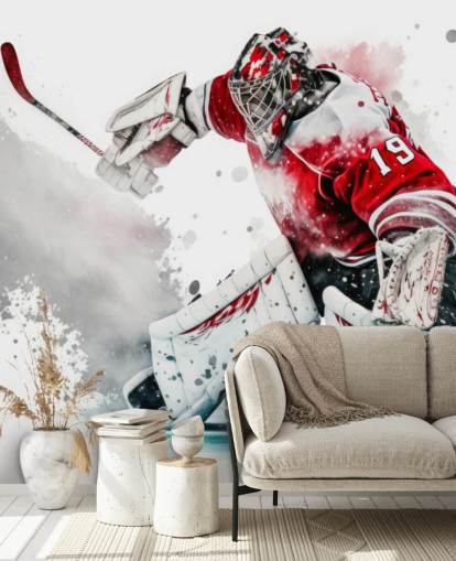 red and white hockey wallpaper called Hockey Goalie for bedrooms and hockey clubs